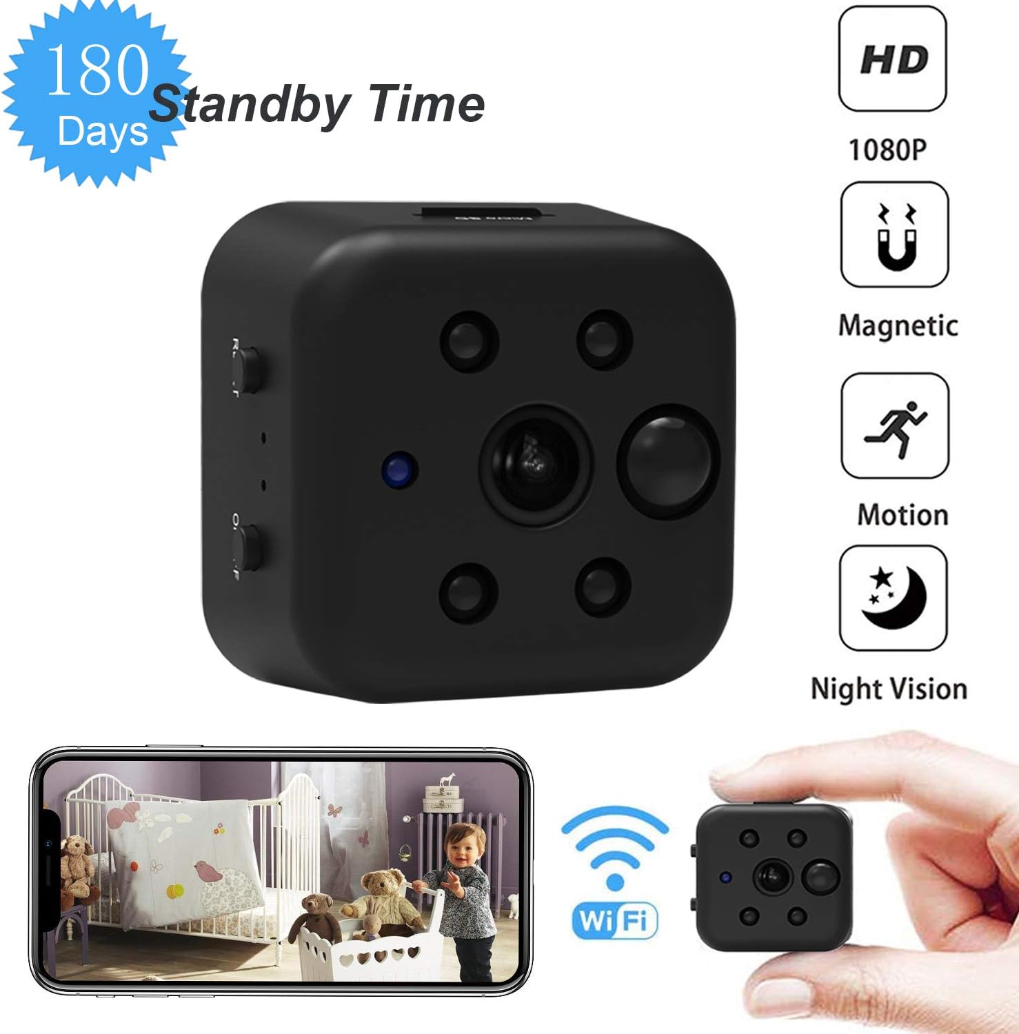 KAPOSEV Wireless Mini Spy Camera,Working Standby Up to 180 Days,1080P WiFi Small Hidden Camera with Magnet,PIR Motion Detection Alert,Remote Monitoring and Loop Recording Via Smartphone App
