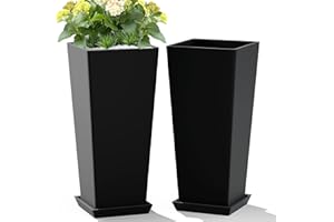 TUYOHW Set of 2 Large Tall Planter for Indoor or Outdoor 24" Flower Pots Tapered Tall Planters with Tray for Porch, Patio, Backyard, Large Planters for Outdoor Indoor Plants(Black)