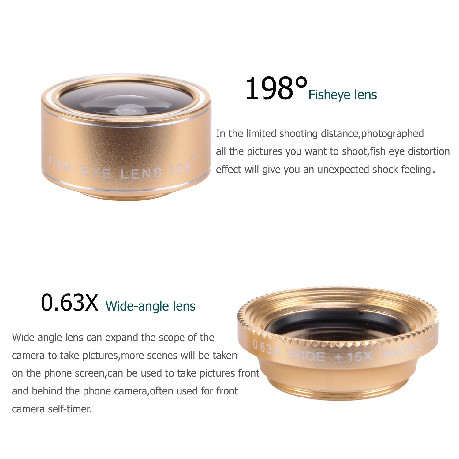 Cell Phone Camera Lens, YELIN 4 in 1 Phone Camera Lens, 198°Fisheye Lens 15X Macro Lens 0.63X Wide Angle Lens CPL Lens Universal Clip-on Camera Lens Kit for iPhone Samsung etc. (Gold & White)