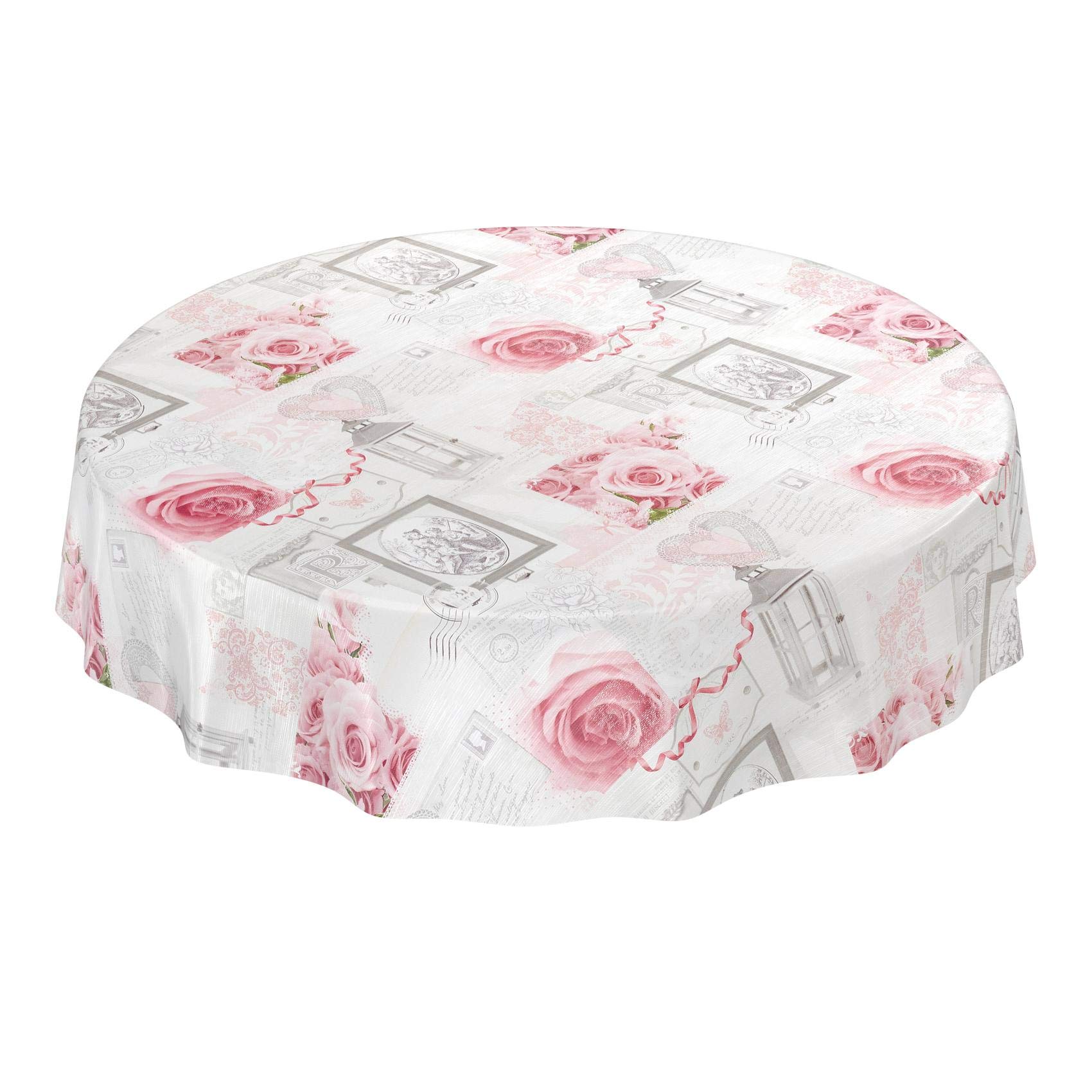 Washable tablecloth, oilcloth/wax tablecloth, with roses and hearts, romantic, antique, colour: grey, Wax Cloth, Rosen Herzen Romantik Antik Grau, Rund 120cm