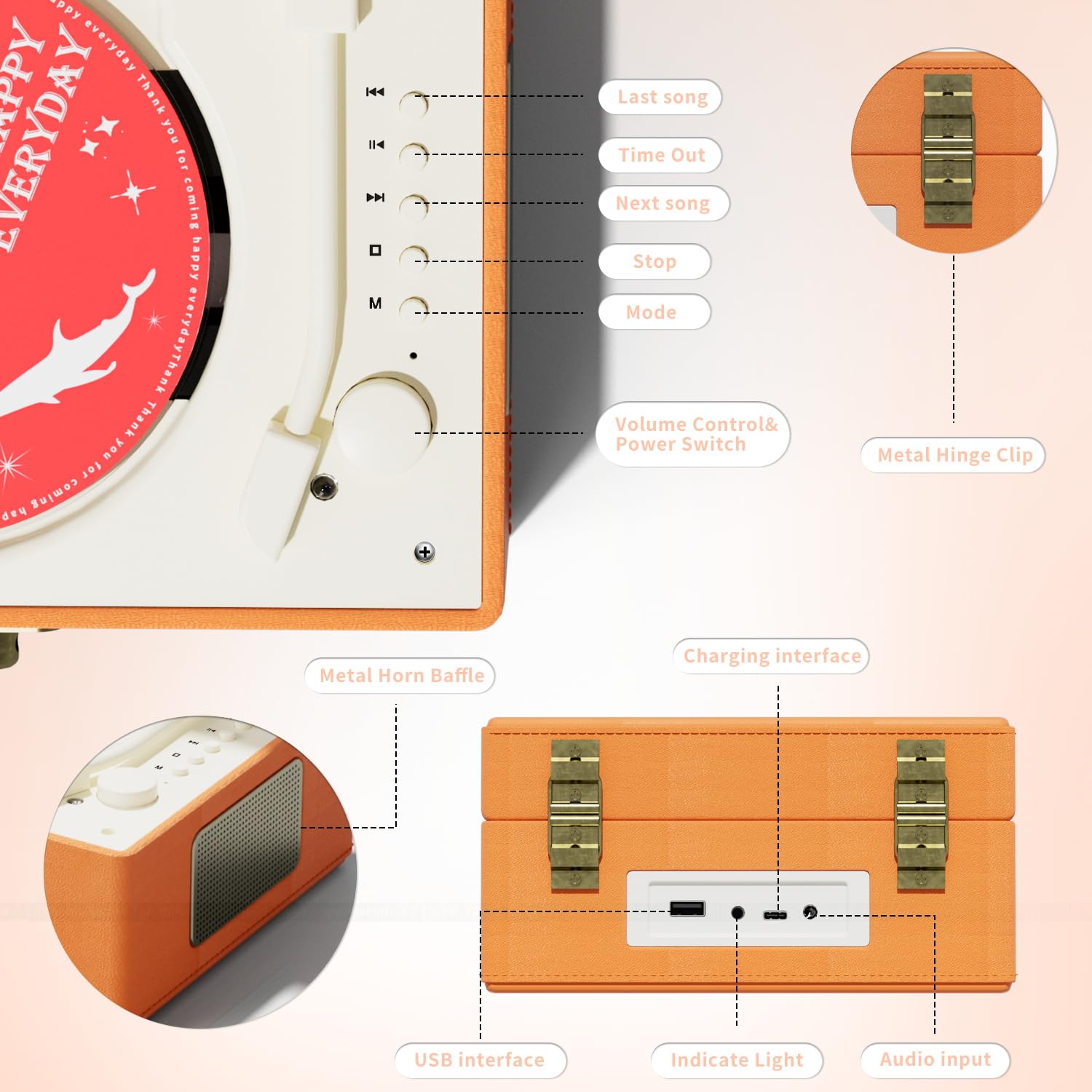 Yintiny Time Music Box CD Player with Speakers; Bluetooth Transmitter; Festival Gift; BGM Player for Home Decor (Orange)