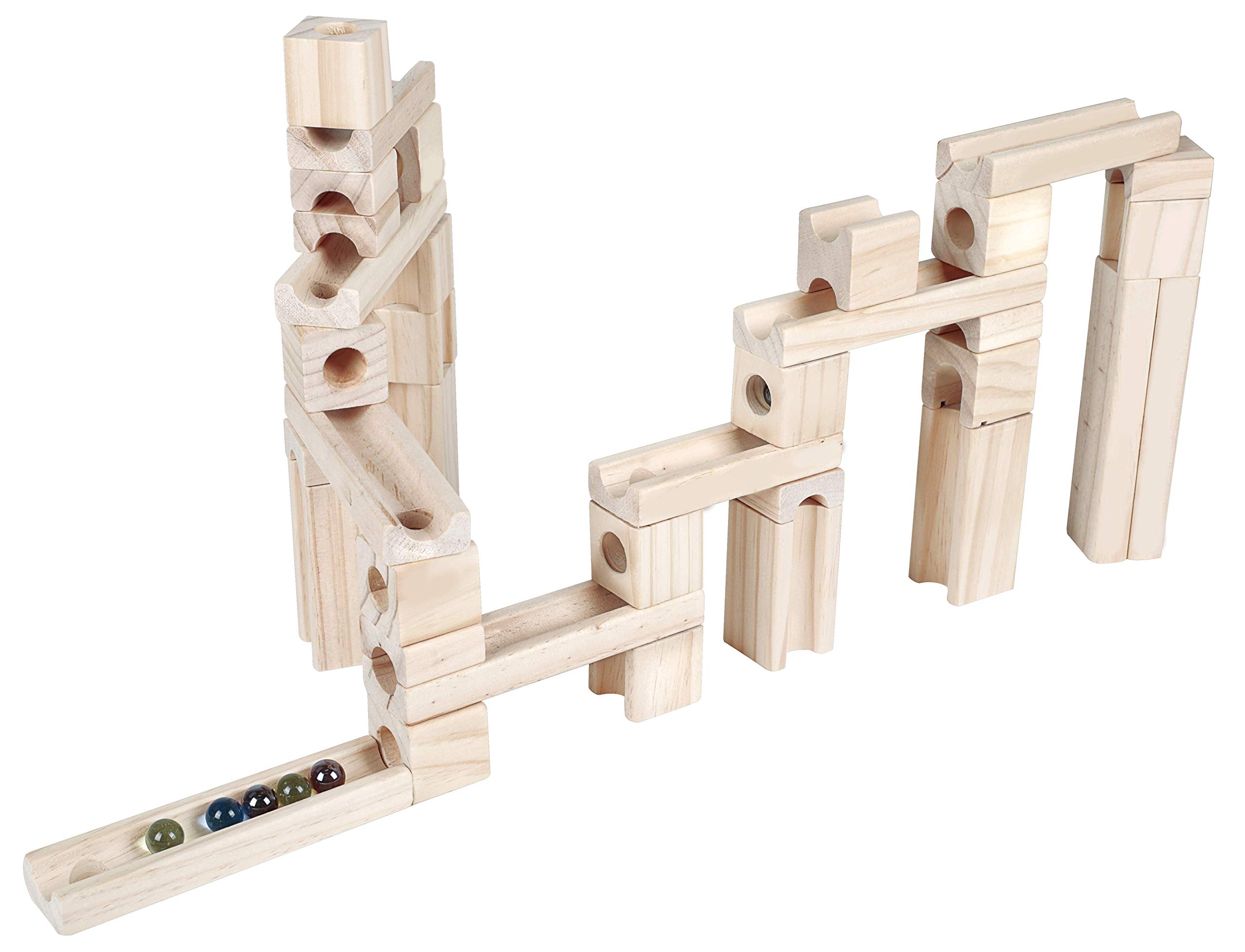 Wooden Marble Run STEM Learning Toys for Kids 4-8 | 60+ Expandable Building Blocks with Glass Marbles & Guide | Safe Birchwood Construction (ASTM Certified)