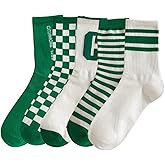 Xhonp 5 Pairs Cute Big C Letter Crew Socks Sports,Casual,Striped for Women Socks