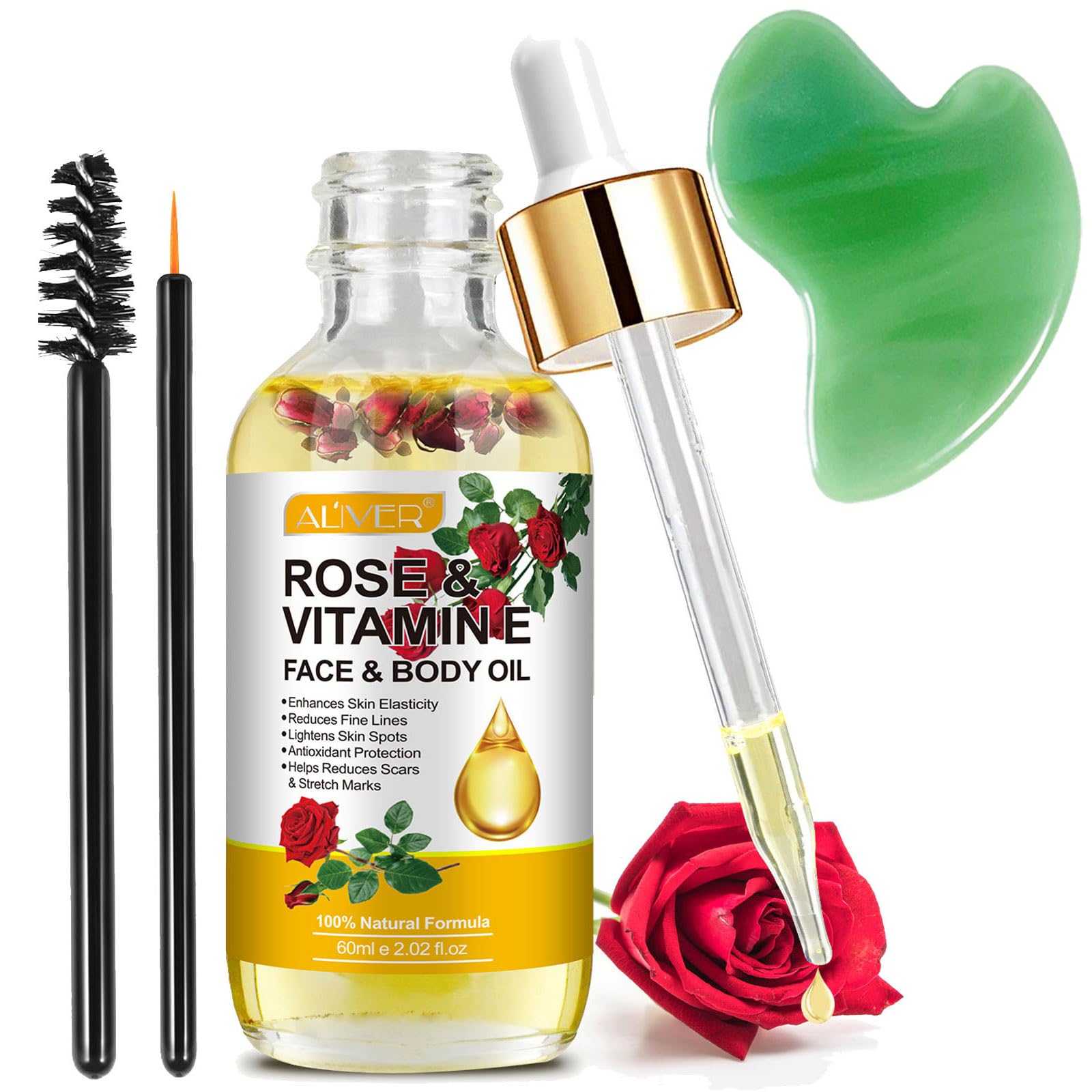 Rose Oil for Face with Rose Petal Flower + Gua Sha Tools, Organic Vitamin E Oil for Anti-aging, Scars & Stretch Mark, Gua Sha Face Oil, Natural Massage Body Oil for Dry Skin, Scalp and Nail - 60ml