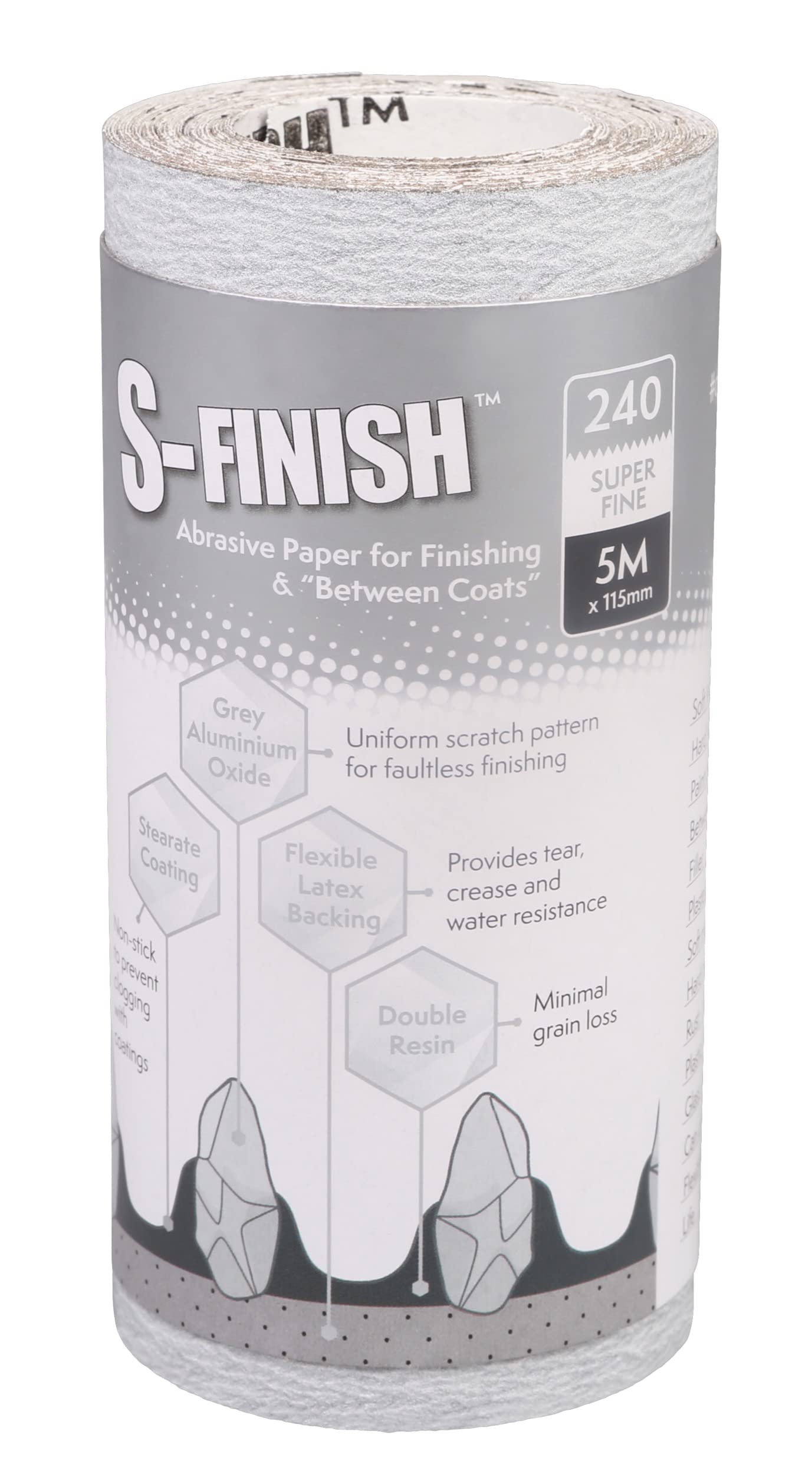 Axus Decor S-Finish Finishing & Between Coats Abrasive Paper (Grey Series) Non-Stick & Long Lasting, Suitable for Light Metal Polishing and Professional Painter's & DIY Projects, 5m x 115mm, 240 grit