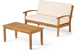 Christopher Knight Home Peyton Outdoor Acacia Wood Loveseat and Coffee Table Set with Water Resistant Cushions, Teak Finish / Beige