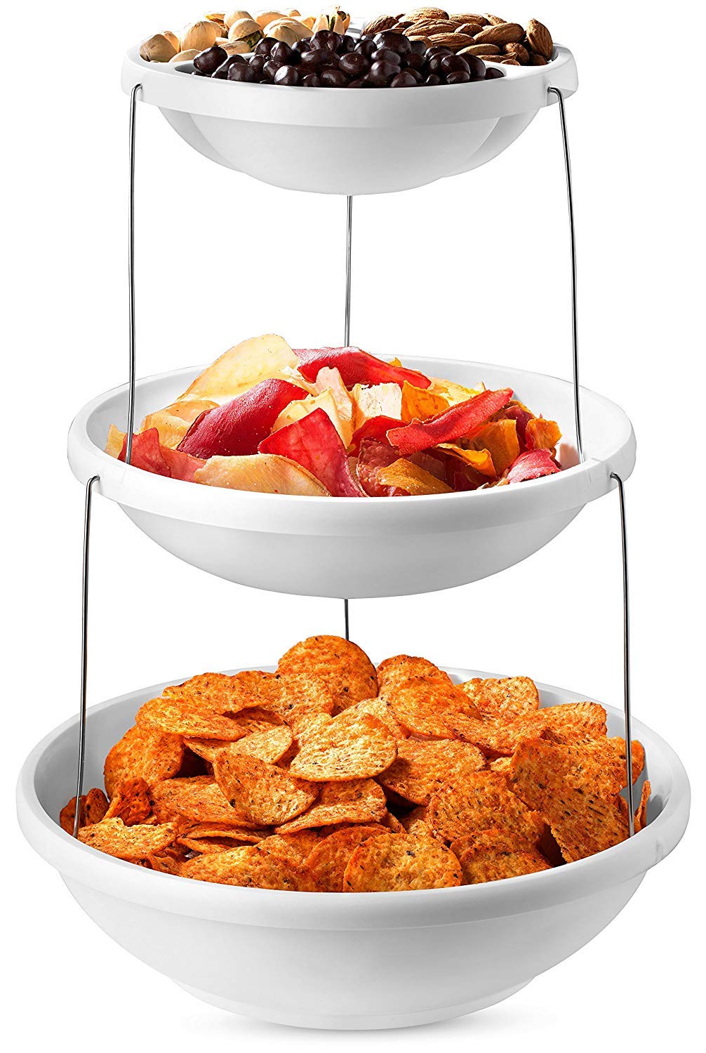 Alimat PluS 3 Tier Collapsible Serving Tray Party Bowls - Plastic Serving Platter Tiered Serving Stand for Salad, Snacks and Fruit - Appetizer Dessert Plates Candy Display