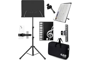 GLEAM Sheet Music Stand - Full Metal with Carrying Bag, Phone Holder, Sheet Music Folder and Clip, 5 in 1 Desktop Book Stand