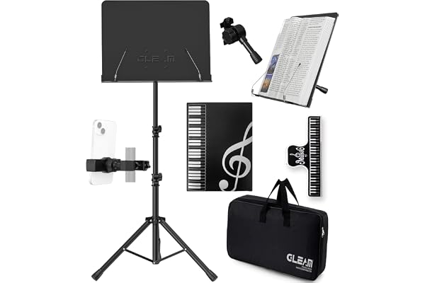 GLEAM Sheet Music Stand - Full Metal with Carrying Bag, Phone Holder, Sheet Music Folder and Clip, 5 in 1 Desktop Book Stand