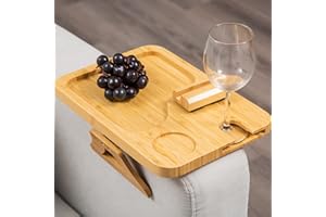 XUEJUN Bamboo Couch Arm Tray Table, Foldable Sofa Arm Tray Clip Table Goblet Card Slots, 360° Rotating Phone Holder, Couch Armchair Tray Meals/Drinks/Snacks/Wine/Controls (Rectangular) Primary Colors