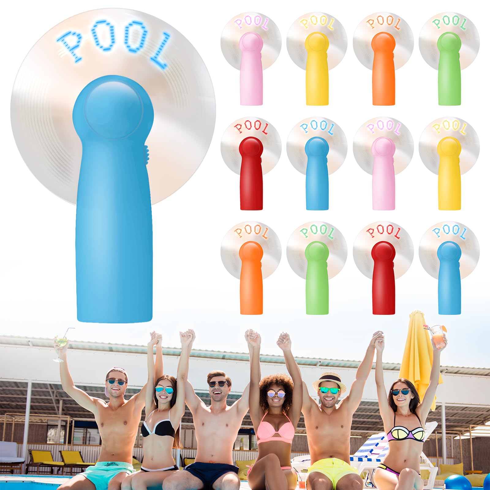 Photo 1 of Rossesay 12 Pcs Mini Fans Bulk Pool Party Favors, Pool LED Glow Light up Message Personal Handheld Battery Powerful Fans Summer Gift for Travel Office Outdoor