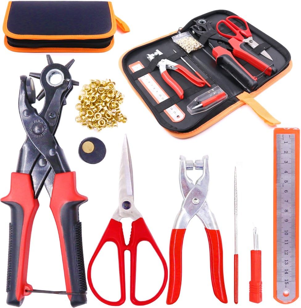 Glarks Heavy Duty Adjustable Metal Hole Punch Pliers Revolving Leather Belt Hole Punch with Eyelet Pliers Tool Kit for Belt Watch Bands
