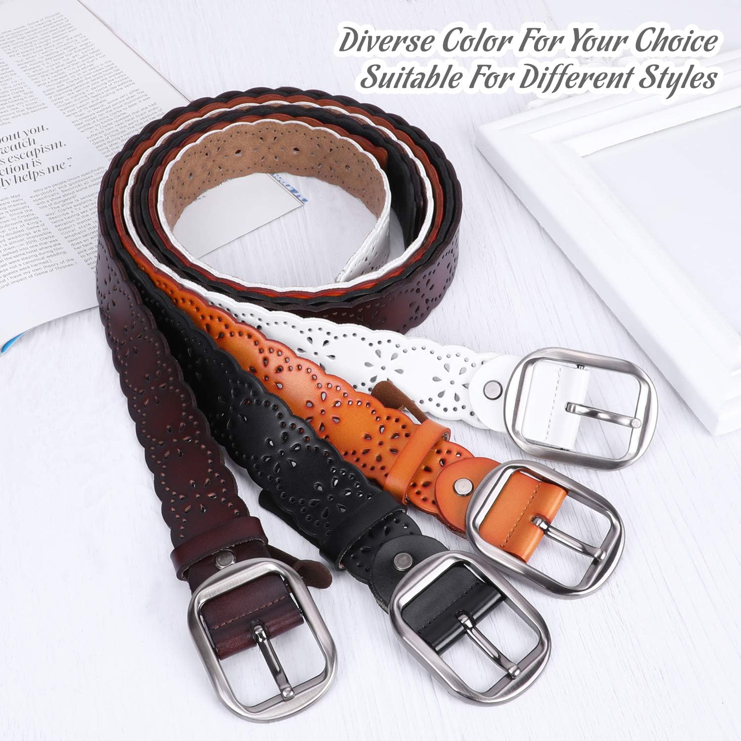 JASGOOD Women’s Hollow Flower Leather Belt for Jeans Pants Wide Belt for Ladies at  Women’s Clothing store