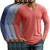 Velvelhall 4 Pcs Mens Long Sleeve V Neck Shirts Raglan Sleeve Curved Hem Tees Lightweight Casual Basic Workout T Shirts
