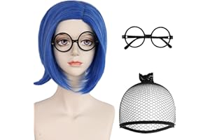 BESTBEL+Glasses+Hair Cap Sadness Wig Short Blue Wig for Women Short Bob Wig Blue Anime Wig for Halloween Cosplay Womens Cosplay Outfit Wig Synthetic Wig for Costume Party