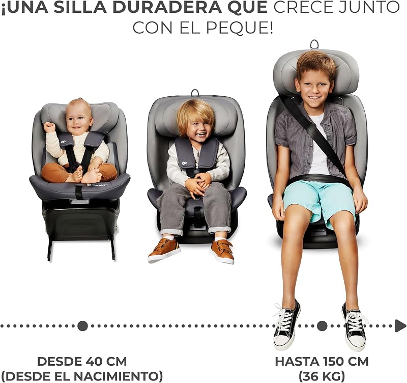 Kinderkraft I-GROW Cadeira auto para bebé e crianças, I-SIZE 40-150 cm, Isofix, Assento ajustável, Cadeira, RWF, FWF, Universal para cadeira auto, 360º, Grupo 0+/1/2/3, 0-36 kg, Cinzento