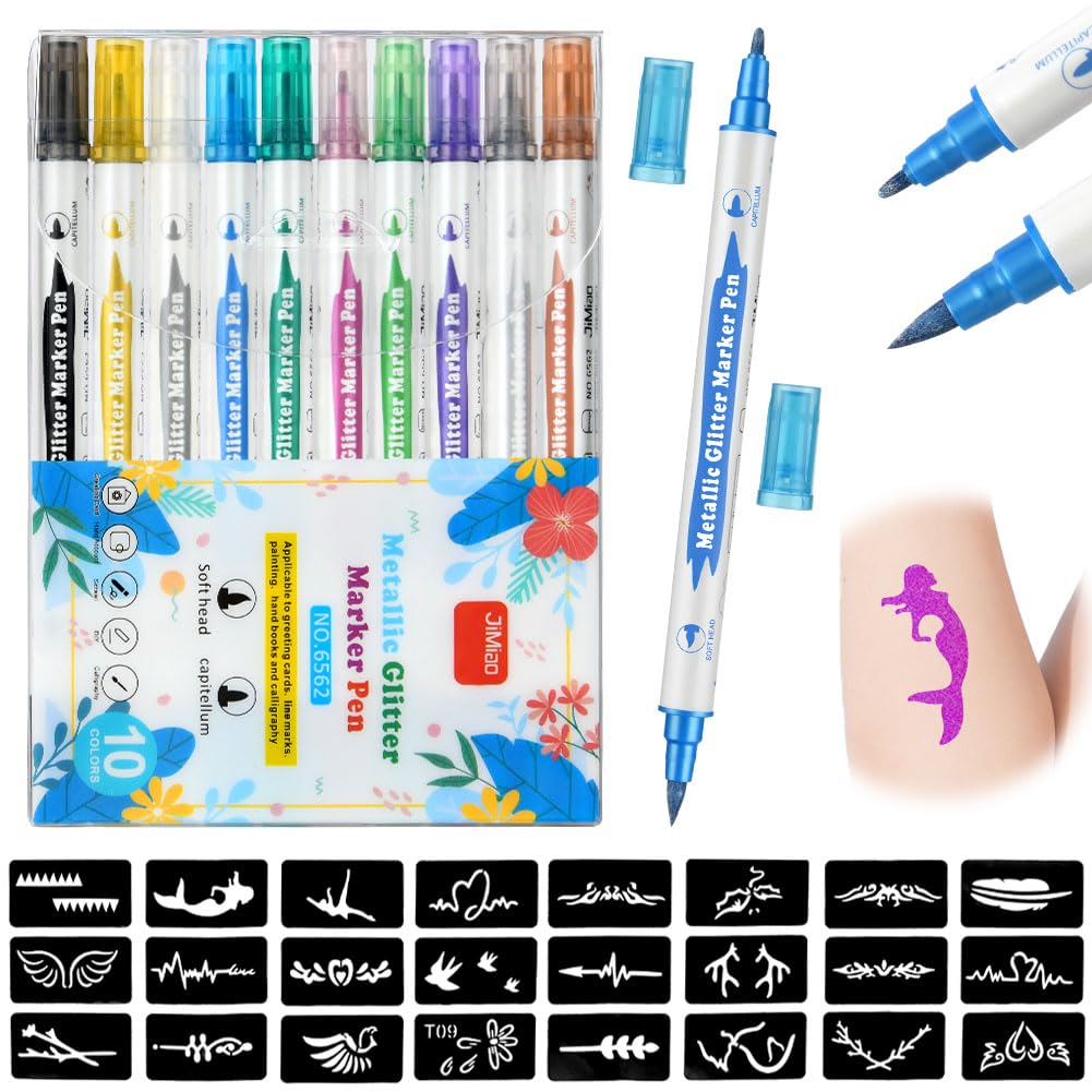 AOMIG Temporary Tattoo Pen, 10Pcs Double- ended Glitter Tattoo Pen Kit with Stencils Of 24 Different Patterns, Shimmery Body Tattoo Markers for Kids Party Dress Up