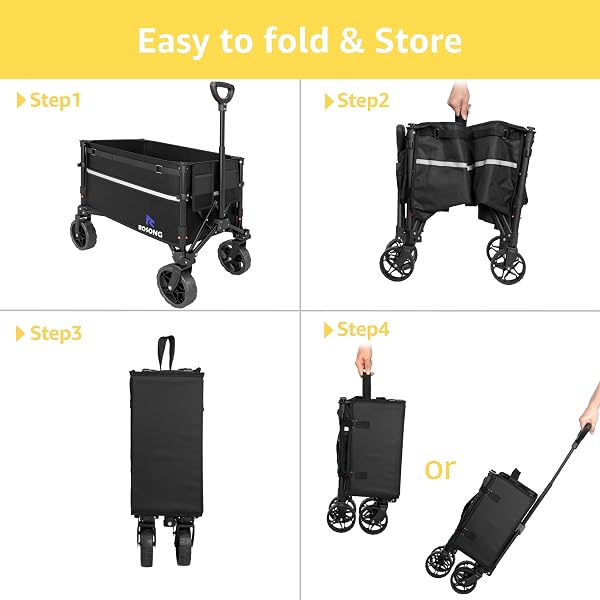 ROSONG COLLAPSIBLE WAGON CART WITH WHEELS FOLDABLE – FOLDING UTILITY HEAVY DUTY WAGONS CARTS FOR GROCERY SPORTS GARDEN SHOPPING CAMPING WHEELBARROWS (BLACK, 120L)