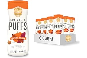 Serenity Kids 6+ Months Grain Free Puffs Toddler & Baby Snack | No Added Sugar, Gluten & Rice Free, Allergen Free | Made with Organic Cassava, Veggies, and Herbs | Pumpkin & Cinnamon | 6 Count