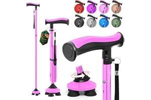 BeneCane Walking Cane for Men & Women Walking Stick for Seniors Folding Canes Quad Cane Adjustable Lightweight Sturdy Collapsible Heavy Duty with Soft TPR T-Handle and Travel Bag