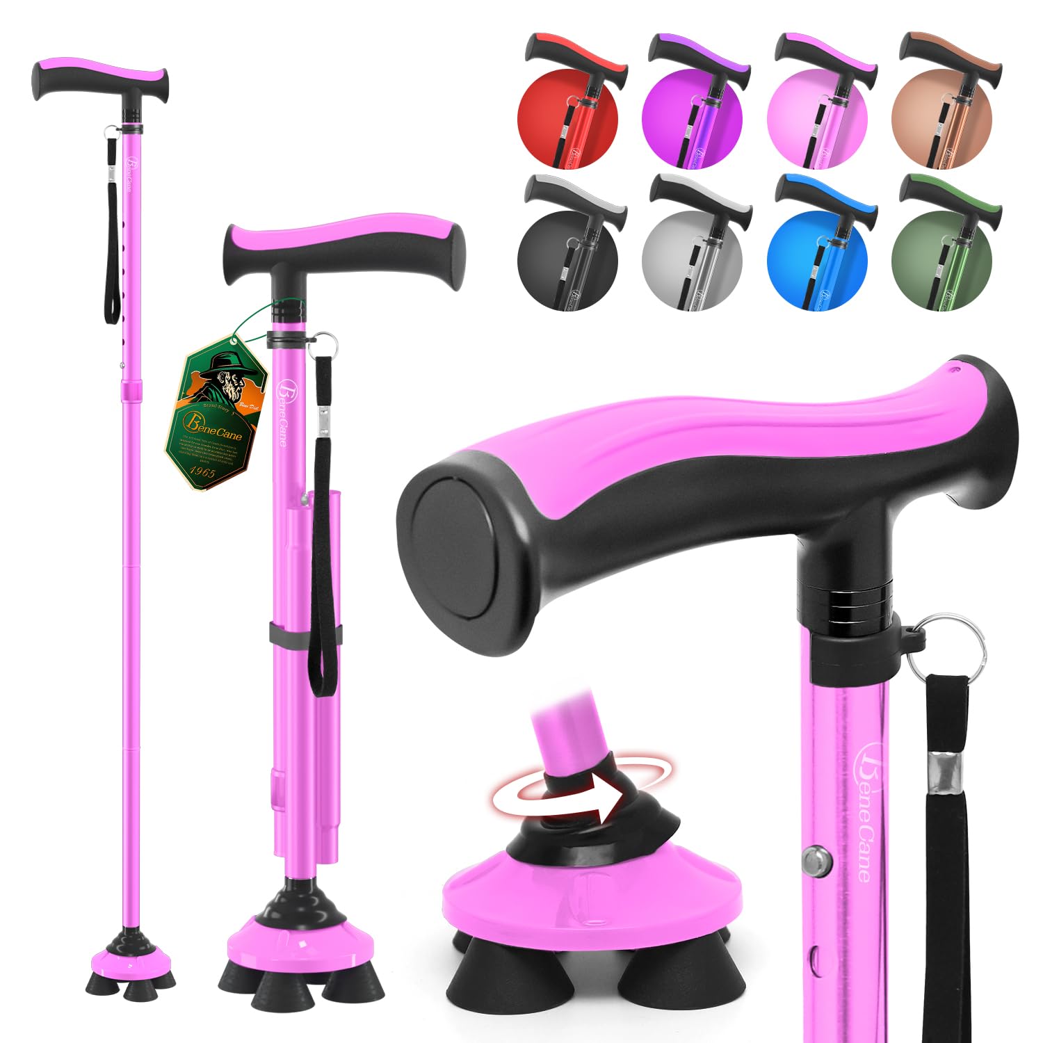 Photo 1 of BeneCane Walking Cane for Men & Women Walking Stick for Seniors Folding Canes Quad Cane Adjustable Lightweight Sturdy Collapsible Heavy Duty with Soft TPR T-Handle and Travel Bag