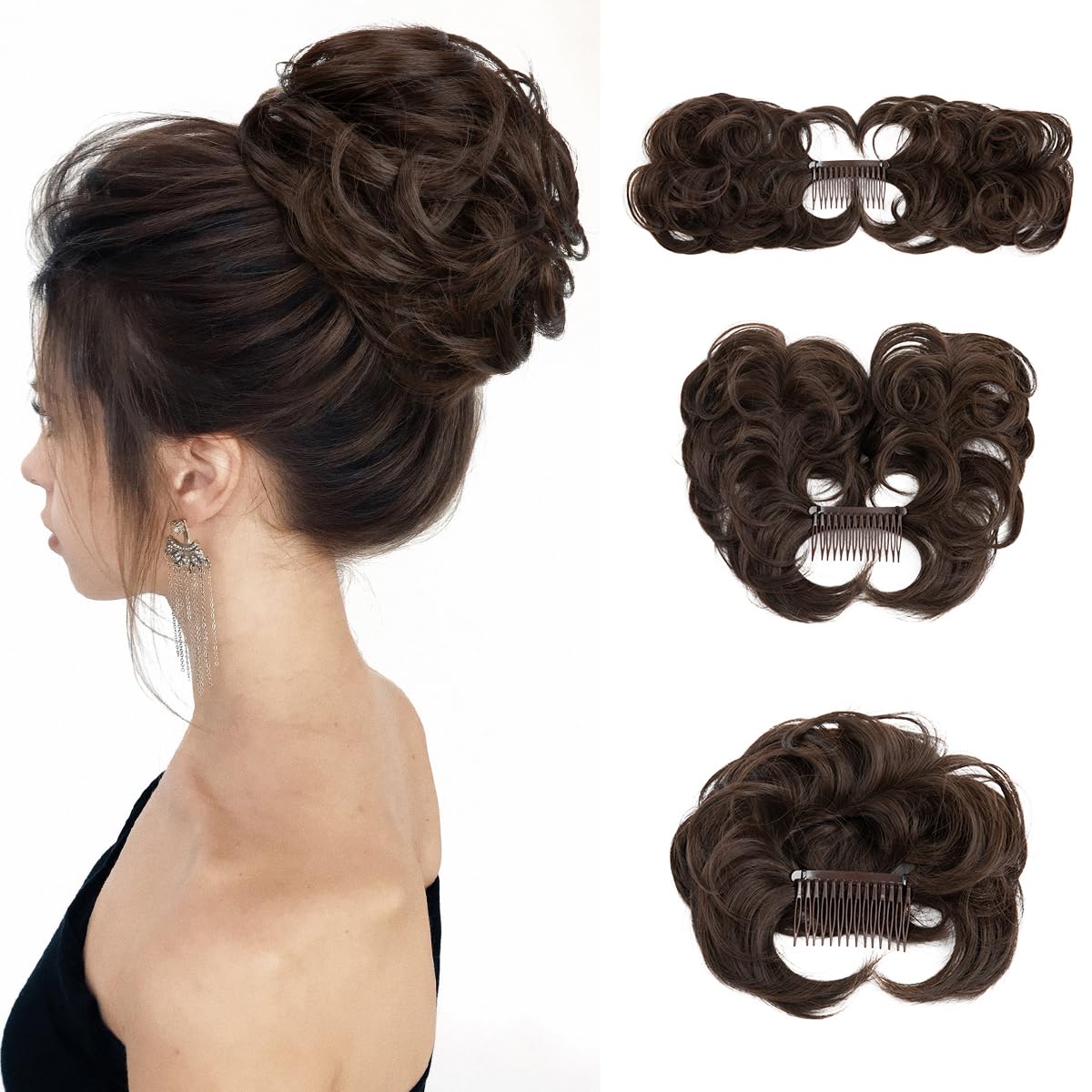 Photo 1 of youngways Messy Bun Hair Piece Side Comb Clip in Hair Bun Hairpiece for Women Short Natural Straight Versatile Adjustable Styles Easy Hair pieces (Dark Chocolate-C)