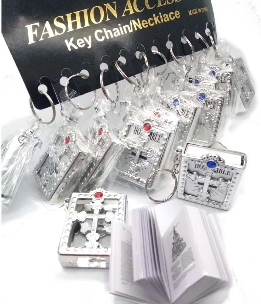 12PCS X Lot Cross Silver Keychain Key Ring with Holy Bible - English Language