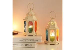 DECORKEY Ramadan Decorations, 2 PCs Vintage Moroccan Style Lanterns, 8''H Indoor & Outdoor Metal Hanging & Tabletop Decor, Candle Holders for Patio