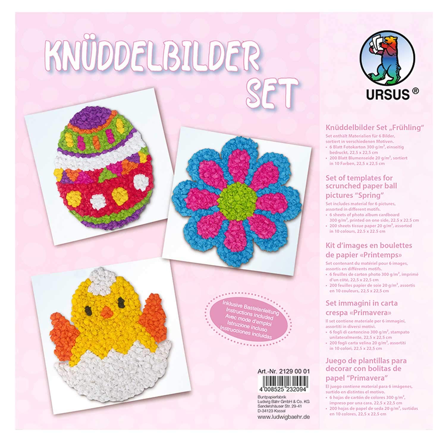 Ursus 21290001 Knüddelbild Set Spring 6 Photo Card 300 g/m² Approx. 22.5 x 22.5 cm, Printed on one Side Motifs, 200 Sheets of Floral Silk in 10