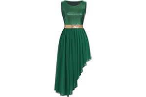 AFAVOM Women Metallic Sequin Praise Dance Dress Asymmetric Ruffle Overlay Dress Liturgical Lyrical Dancewear Worship Costume