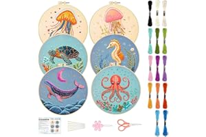 ACRNIGHEET 6PCS Embroidery Kit for Beginners Animals Embroidery Kit Sea Animals Embroidery Starter Kit with Instructions, Including 6 Stamped Embroidery Cloth and Various Accessories, Gift Idea