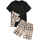 VIPWOLF Men's Casual Outfits Short Sleeve Cartoon Bear T Shirt and Drawstring Plaid Shorts Tracksuits Set