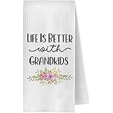 OVAcational Grandma Kitchen Towels, Grandma Gifts from Grandson Granddaughter Decorative Hand Towels for Bathroom, Life is Better with Grandkids Dish Tea Towel for Kitchen, 16x24 Inch