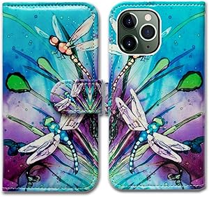 iPhone 11 Pro Wallet Case,Bcov Cute Dragonfly Leather Flip Wallet Case Cover with Card Slot Holder Kickstand for iPhone 11 Pro