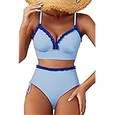 Herseas Women's Splice Ruffle Trim Bikini Sets Tie Side Swimsuits High Waisted Bathing Suits