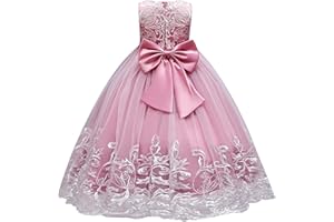 IDOPIP Flower Girl Lace Dress for Kids Wedding Bridesmaid Pageant Party Formal Long Gown Princess Communion Tulle Bow Dresses