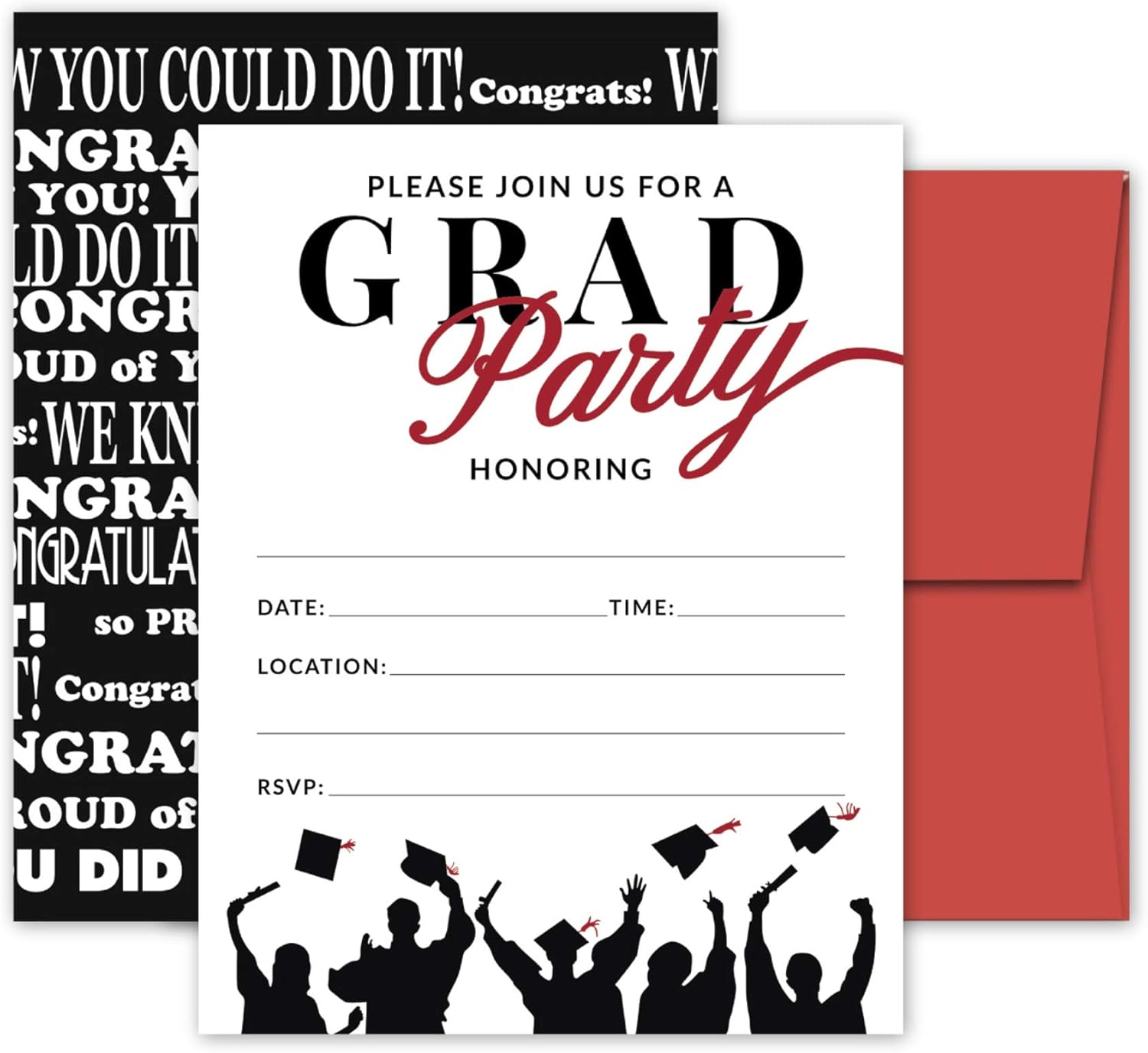 Amazon Com 25 Red Black Graduation Party Invitations With
