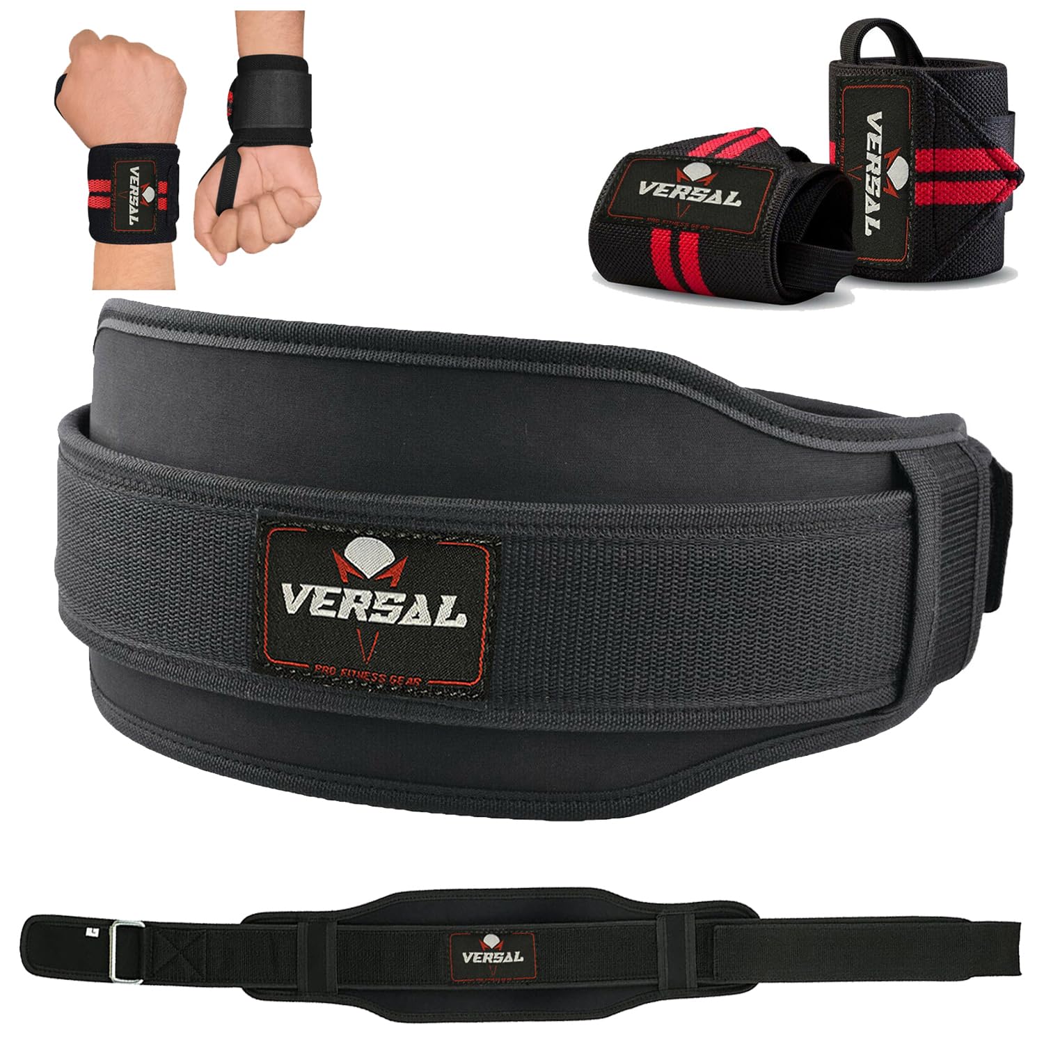 VERSAL Weight Lifting Belt for Gym Fitness Training Neoprene Padded 5.5 Inch Lumbar Back Support Weightlifting Gym Belt with Wrist Wraps for Bodybuilding, Powerlifting, Squats, Deadlifts (L)