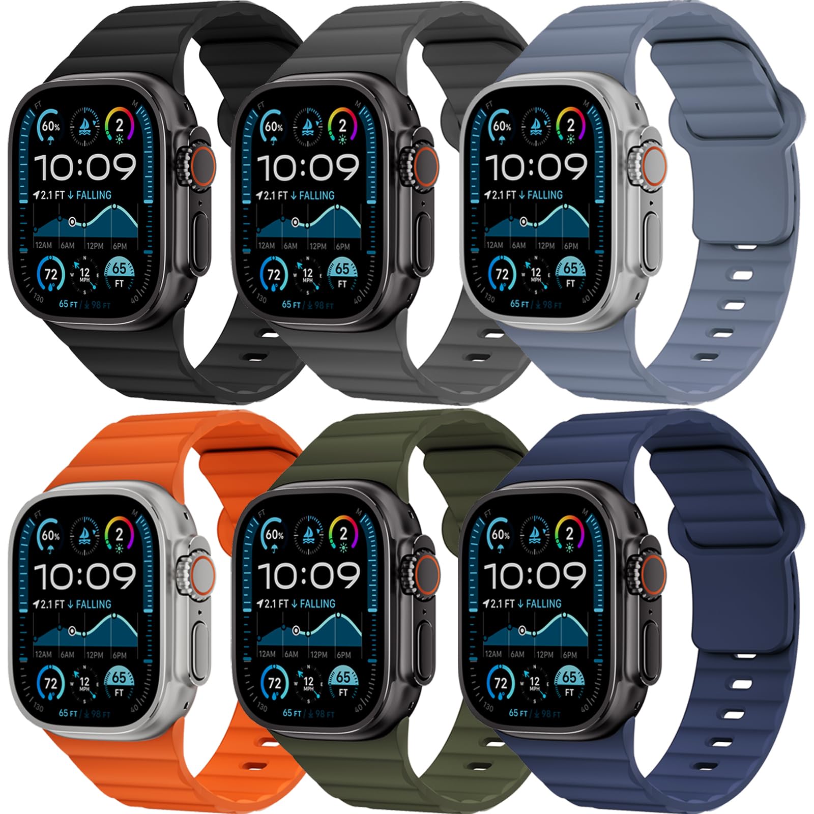 Photo 1 of 6 Pack Sport Bands for Apple Watch Ultra/2 Band 49mm 46mm 45mm 44mm 42mm 41mm 40mm 38mm iWatch Bands for Men Women,Waterproof Soft Silicone Strap Wristband for Apple Watch Series 10 9 8 7 6 5 4 3 SE 2