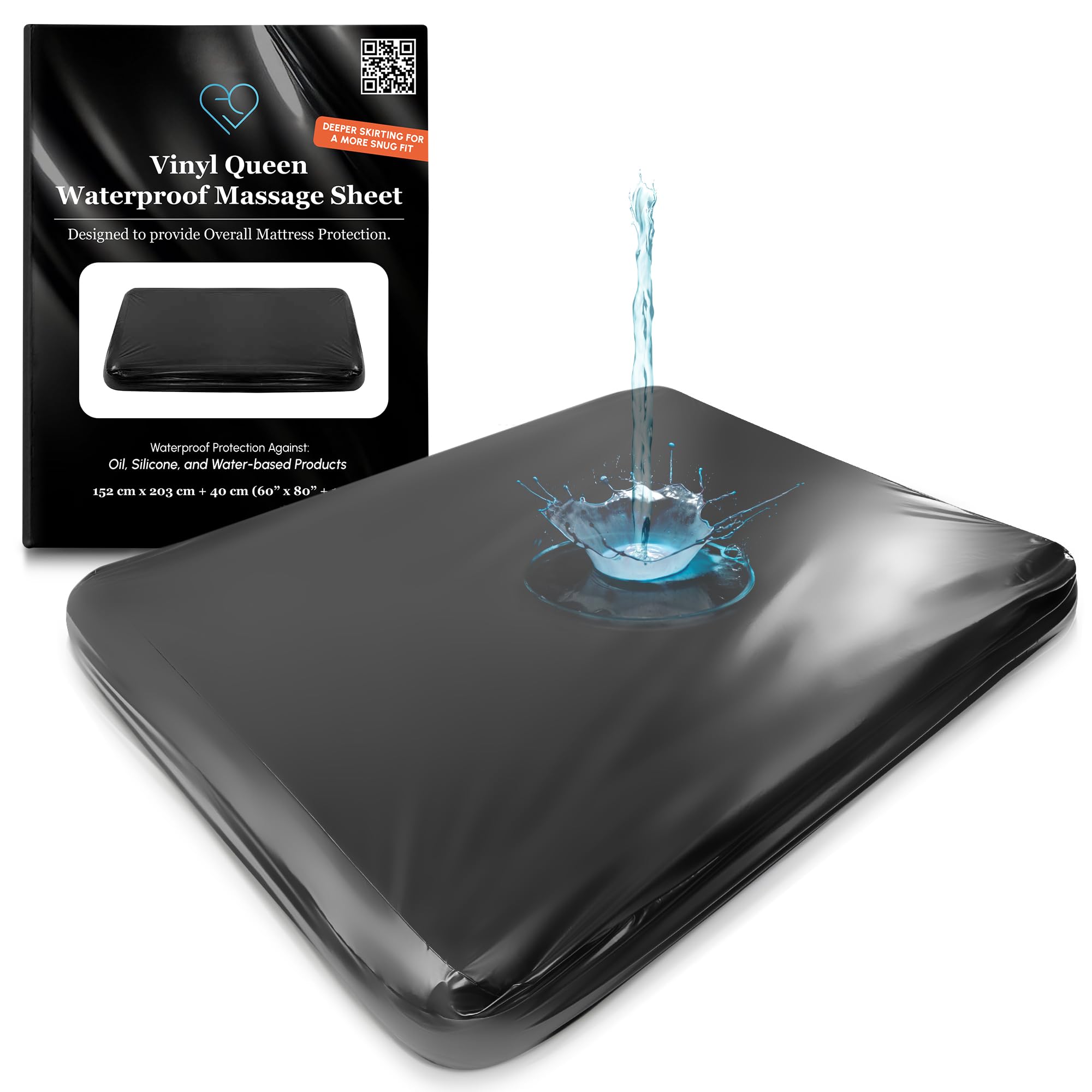 Black Vinyl Queen Waterproof Fitted Massage Bed Sheet with Side Pocket | Mattress Protector, Bed Cover for Nuru Massage - Oil, Water-Based, Silicone Safe | 152cm x 203cm +40cm Deep Pocket