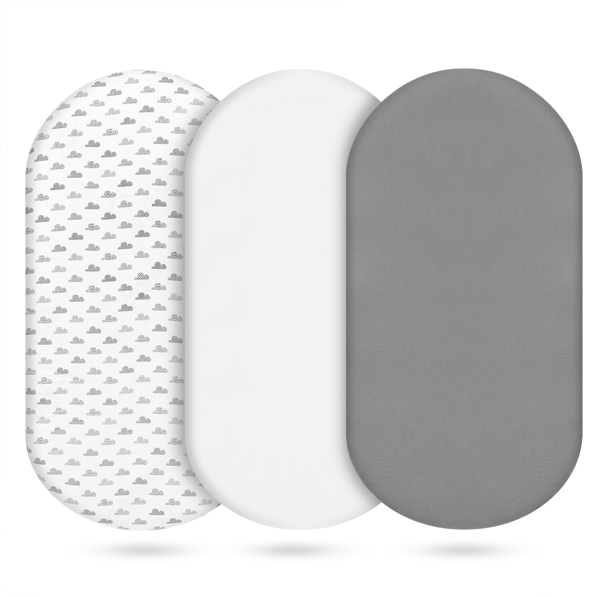 Photo 1 of 3-Pack Cotton Muslin Bassinet Sheets - Fitted Elastic Mattress Cover for Baby Boys & Girls, Breathable Bedside Bassinet Sheets Neutral Colors (Fits Oval & Rectangle Shape) (Gray)
