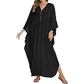 Bsubseach Women Kaftan Dresses Solid V Neck Swimsuit Coverup Batwing Sleeve Satin Plus Size Caftans with Pockets