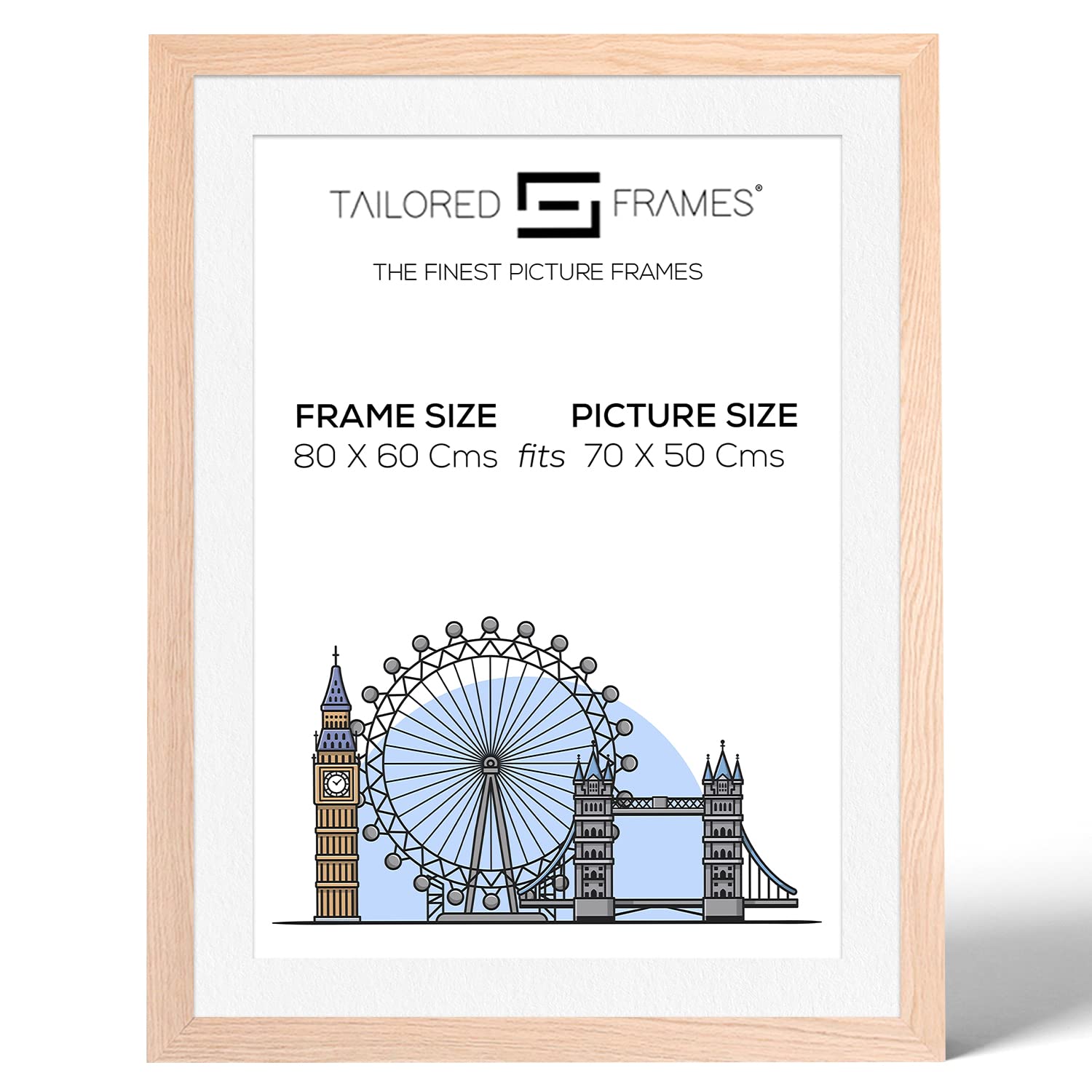 Tailored Frames 99 Solid Natural Oak 80 x 60Cm Frame for 70 x 50Cm Picture | Single Picture Frames | Wall Hanging Type | Photo Frame with White Mount