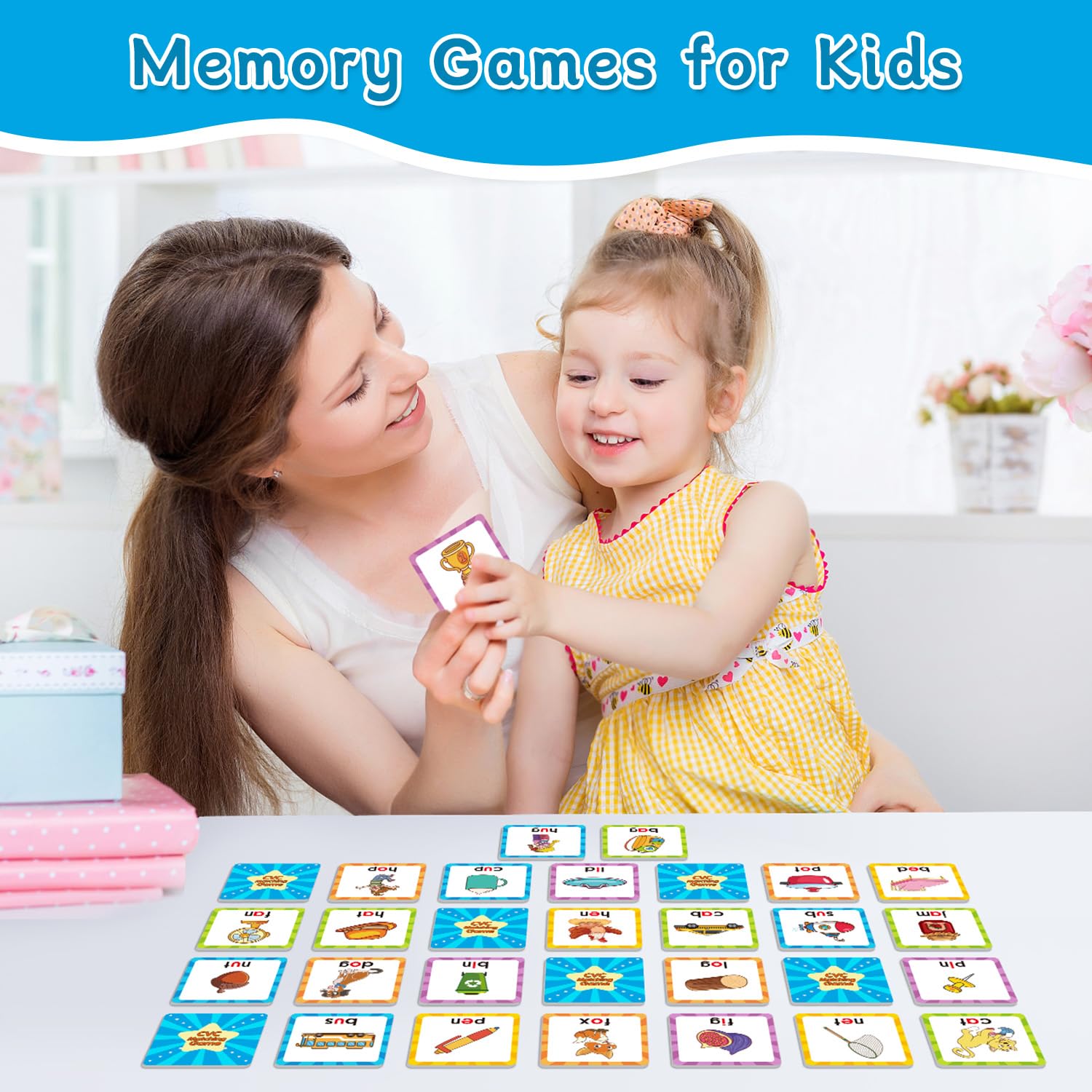CVC Word Games Kindergarten, Memory Games for Kids Ages 4-8 & Matching Games for Toddlers 3-5, 60 PCS Phonics Games Flash Cards, Educational Toys Homeschool Supplies for Boys and Girls