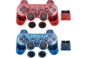 JINHOABF Wireless Controller for PS2,Built-in Dual Vibration 2.4G Gamepad Joystick Compatible for PS2 Controller,with Wireless Receivers (Clear Blue and Clear Red)