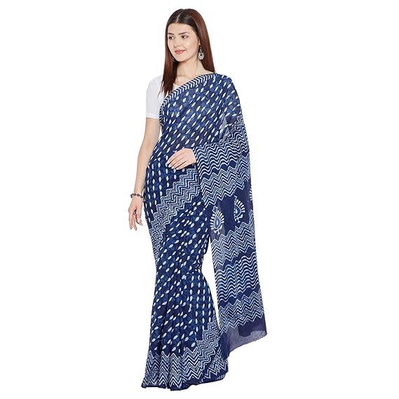 Finest Quality Cotton - Handmade Indigo Double Dabu print - Block Print Saree with Blouse Piece BAPASA0076
