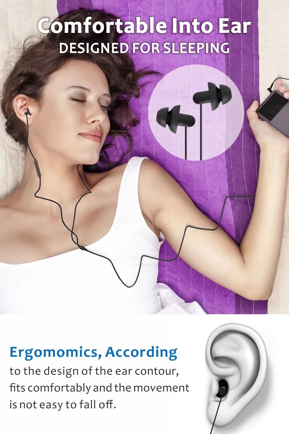 Sleep Earbuds, Hearprotek 2 Pairs Ultra Soft Lightweight Silicone Sleeping Earphone Headphones with Volume Control and mic for Side Sleeper, Snoring, Air Travel, Relaxation (Black)