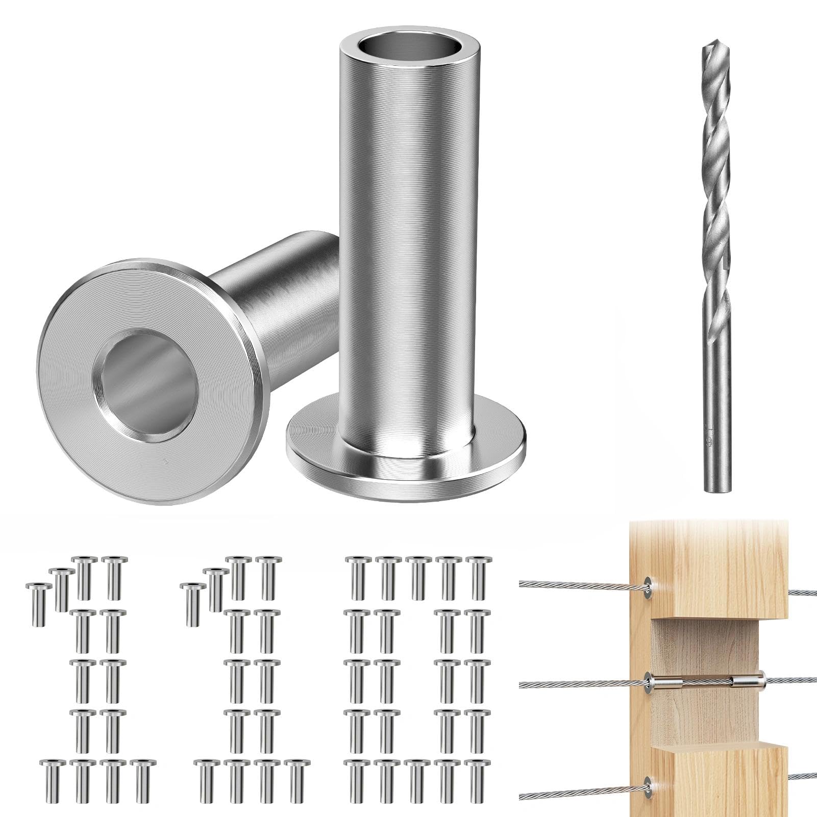 Photo 1 of Steel DN Mate 110 Pack T316 Stainless Steel Protector Sleeves for 1/8" Cable Railing, Cable Protector Sleeves for Cable Railing System, Deck Railing Hardware with a Drill Bit DE11