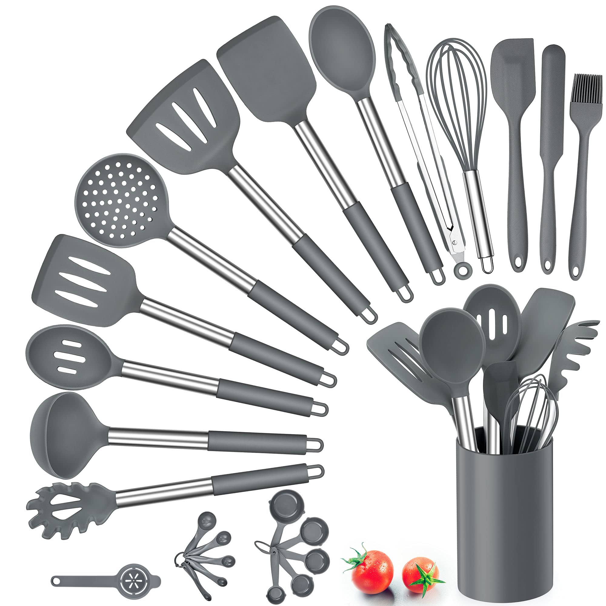 Herogo Kitchen Utensils Set, 25 Piece Silicone Cooking Utensil with Holder, Heat Resistant Kitchen Spatula Turner Spoon with Stainless Steel Handle, Non-Toxic & Nonstick, Easy to Clean, Grey