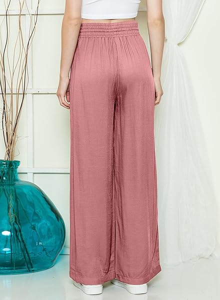 ACELITT HIGH WAISTED PULL ON HALARA PANTS FOR WOMEN CASUAL WIDE LEG FALL FASHION 2024 PANTS WITH POCKETS PINK LARGE